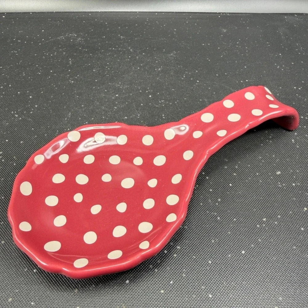 The Pioneer Woman Burgundy Polka Dot Ceramic Spoon Rest Scalloped Edge Stoneware